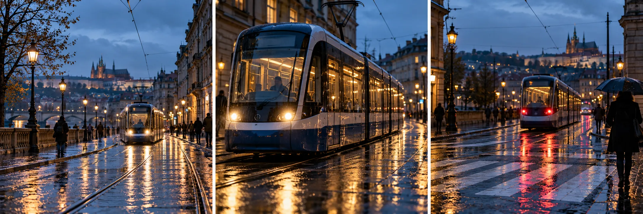 Three illustrative frames of a tram on a rainy city street